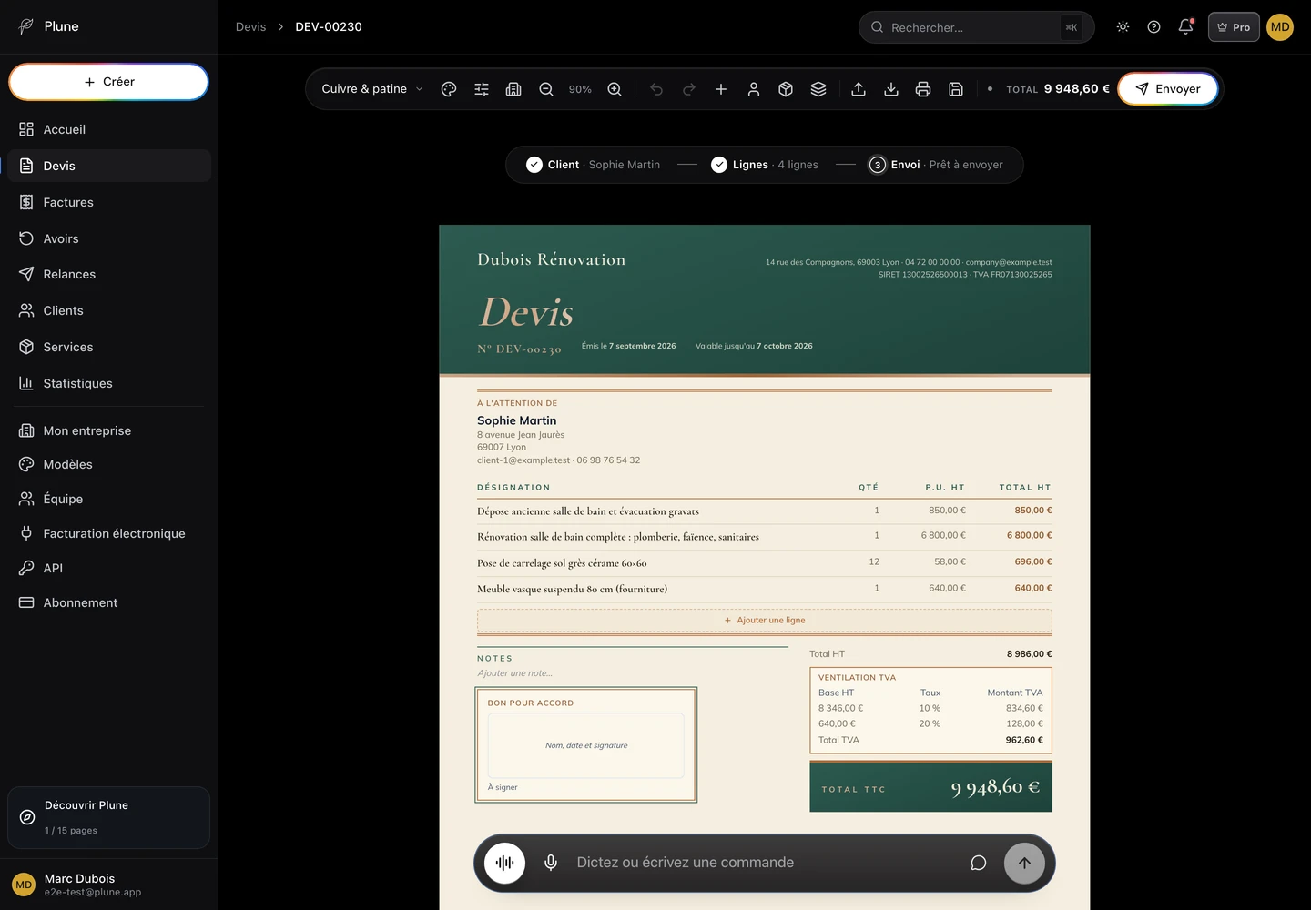 Éditeur Plune, modèle vert Cuivre & patine : client, prestations, TVA et total du devis