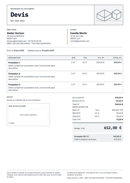 Aperçu du devis Coupe de projet
