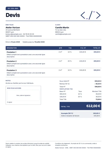 Aperçu du devis Stack de projet