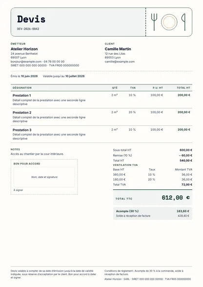Aperçu du devis Service en salle